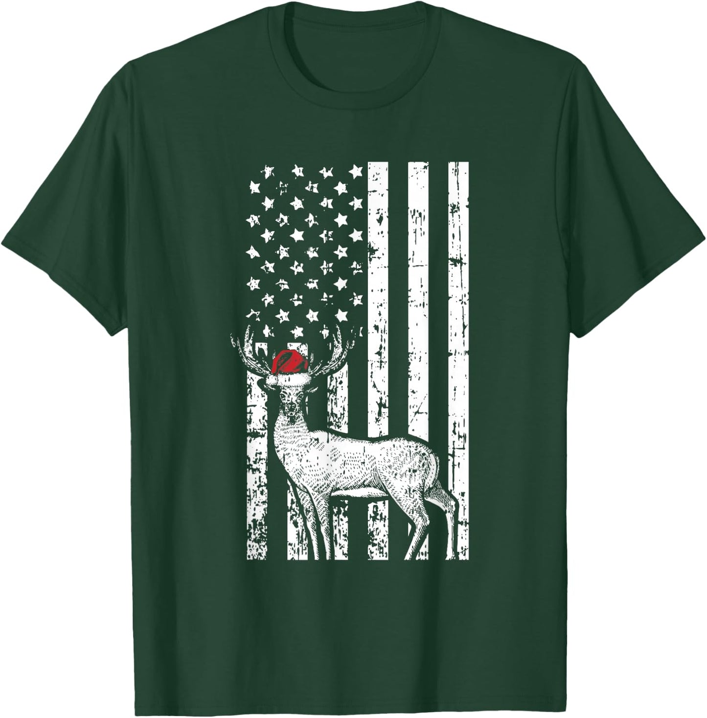 Deer Hunting Elk Santa Hat American Flag Christmas Gifts Kids Men T-Shirt - T-Shirt | Forest