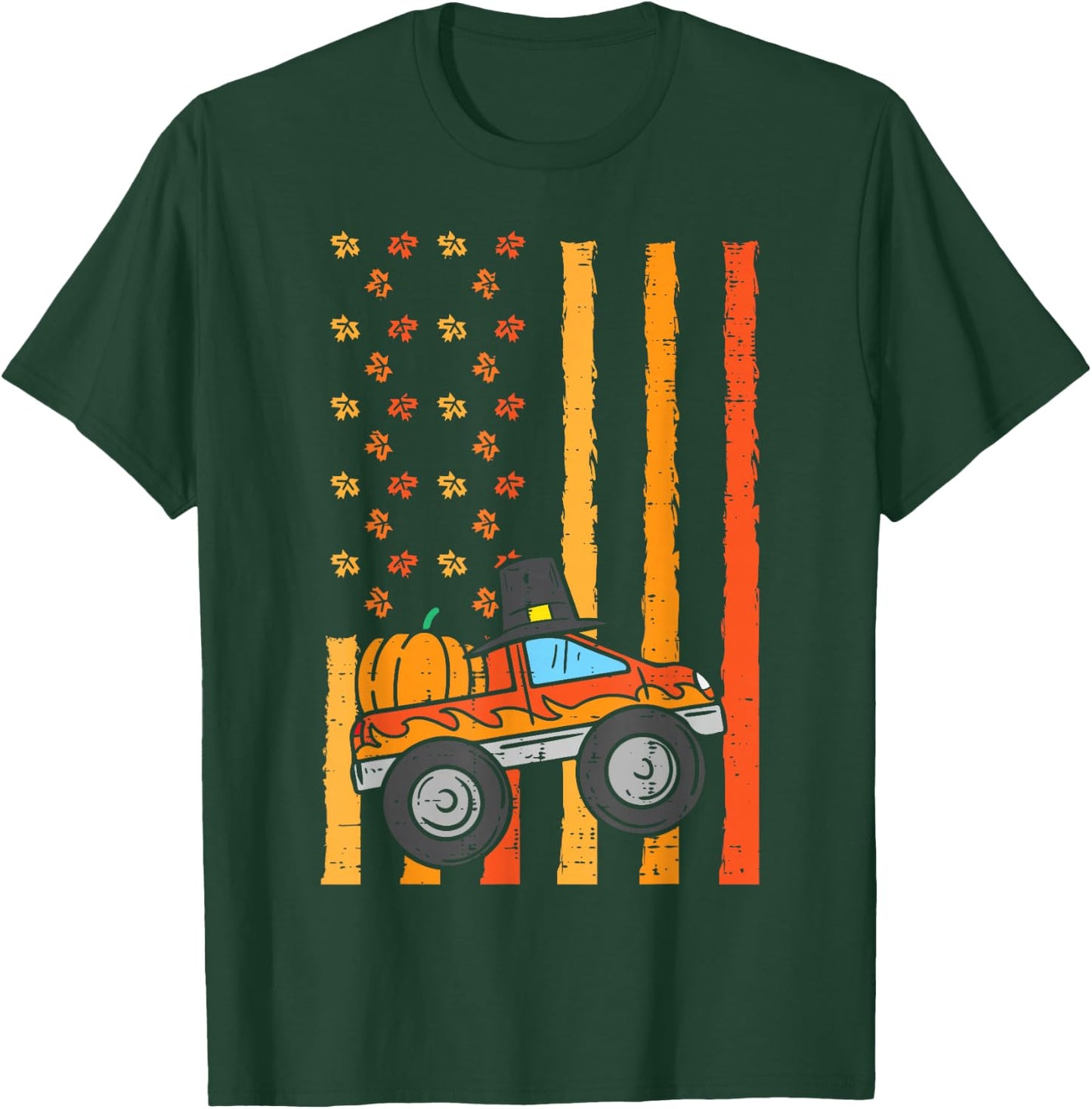 Thanksgiving Monster Truck US Flag Fall Toddler Boys Kids T-Shirt - T-Shirt | Forest