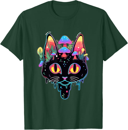 Psychedelic Festival Trippy Cat Mushroom Art Rave Men Women T-Shirt - T-Shirt | Forest