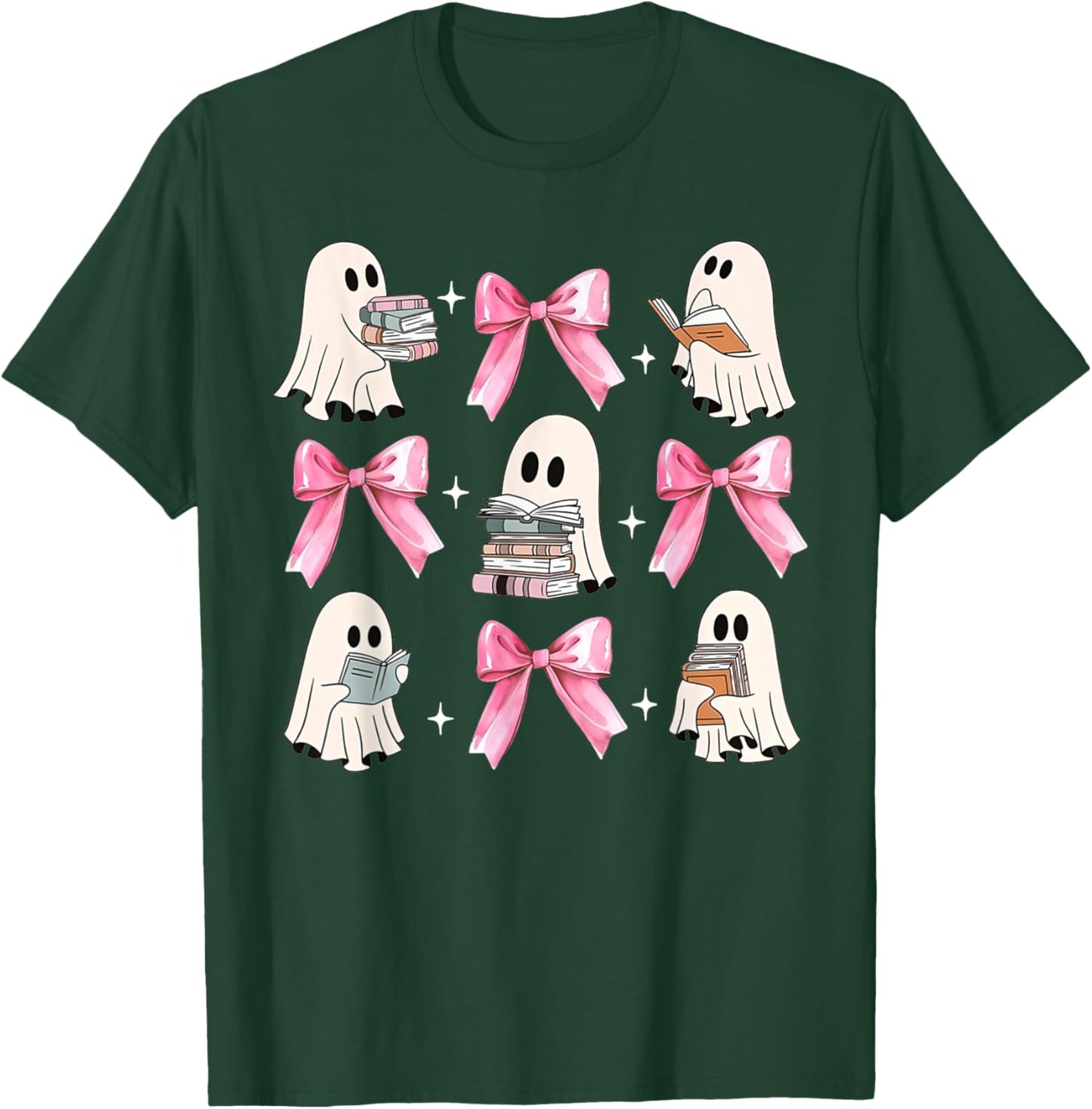 Little Pink Bow Ghost Reading Books Halloween Coquette Book T-Shirt - T-Shirt | Forest