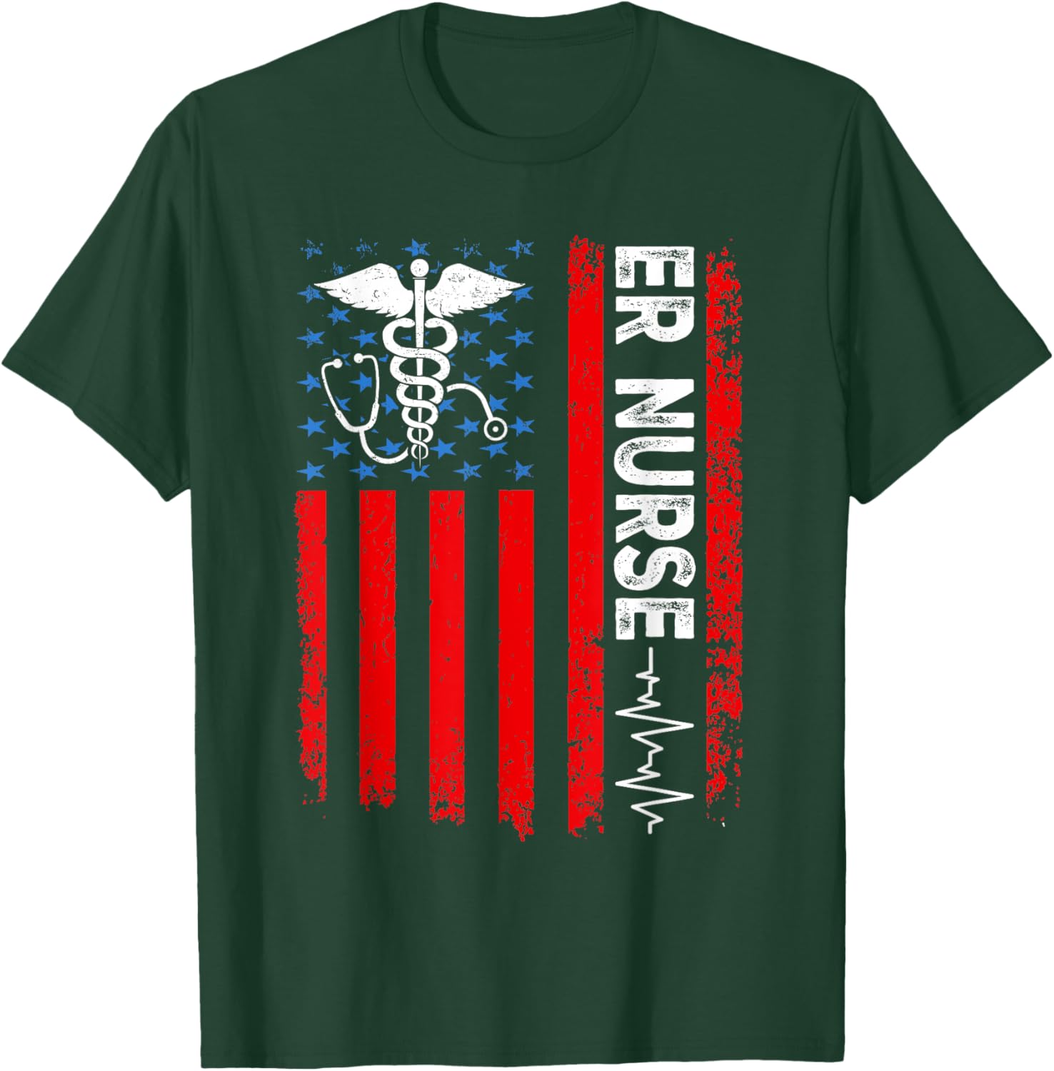 ER Nurse American Flag Patriotic ER Nurse 4th of July Women Men T-Shirt - T-Shirt | Forest