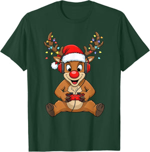 Christmas Gamer Reindeer Santa Hat Xmas Gaming Men Boys T-Shirt - T-Shirt | Forest