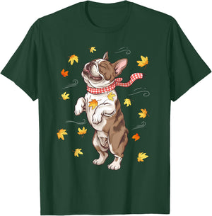 Cute Dog Autumn Fall Breeze Leaves French Bulldog T-Shirt - T-Shirt | Forest