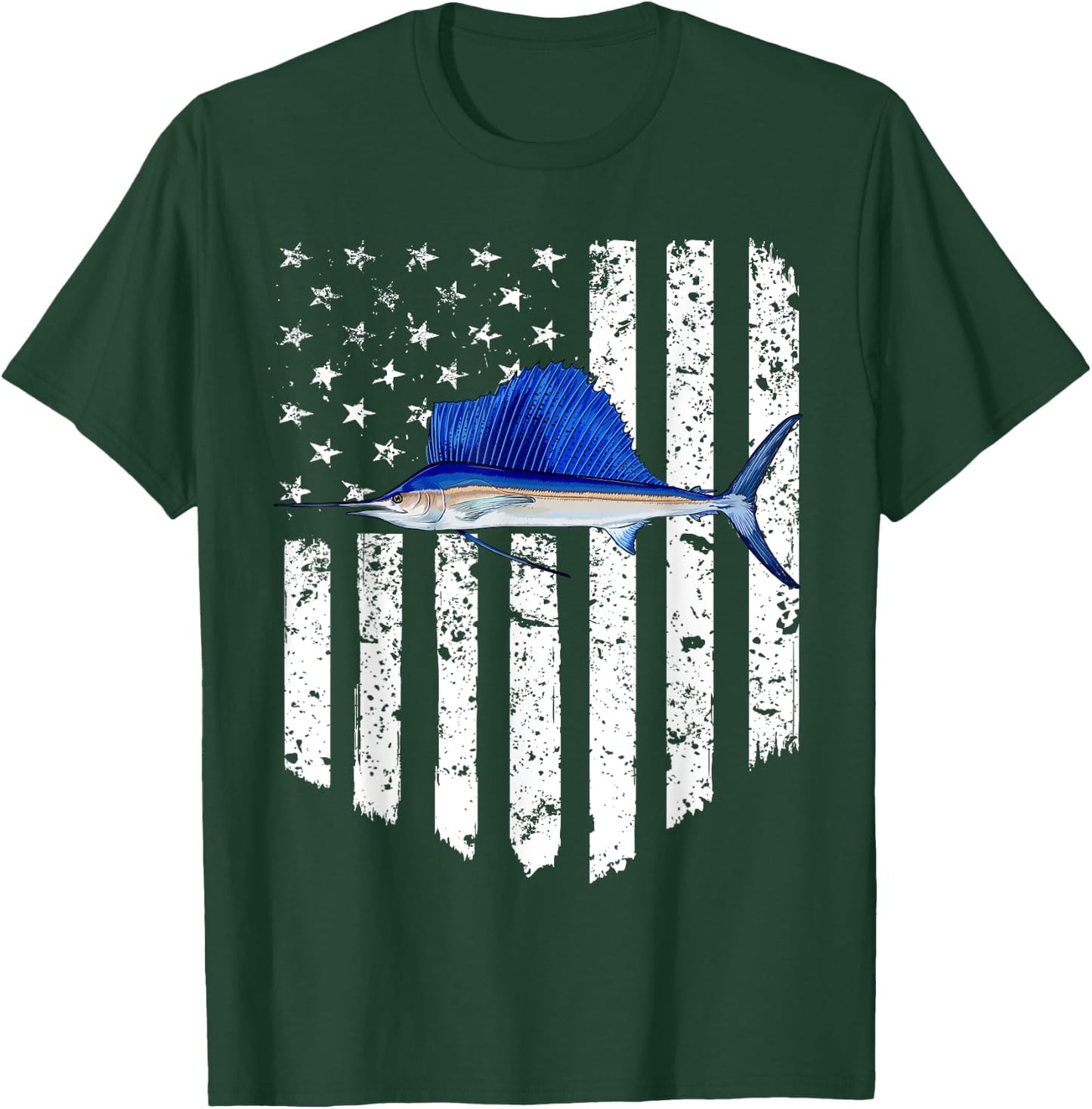 Black White American Flag Sailfish 4th Of July Fish Women Men T-Shirt - T-Shirt | Forest