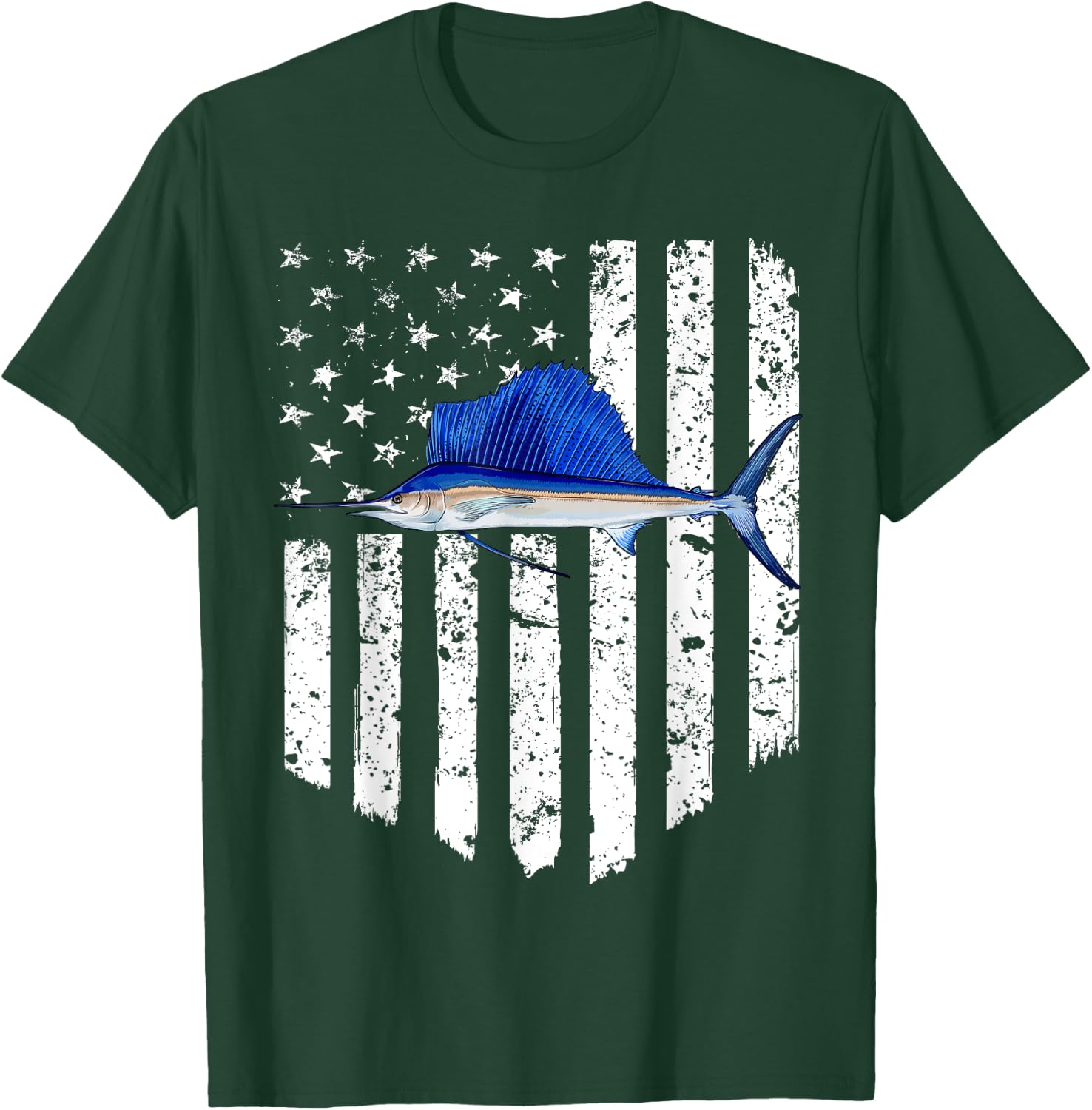 Black White American Flag Sailfish 4th Of July Fish Women Men T-Shirt - T-Shirt | Forest
