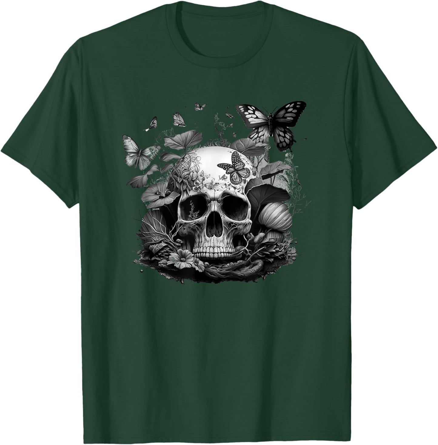 Skull with Vibrant Butterfly flower and mushroom T-Shirt - T-Shirt | Forest
