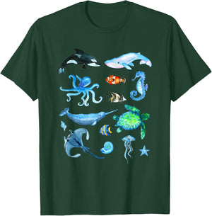 Watercolor Sea Animals Kids Ocean Wildlife Marine Creatures T-Shirt - T-Shirt | Forest
