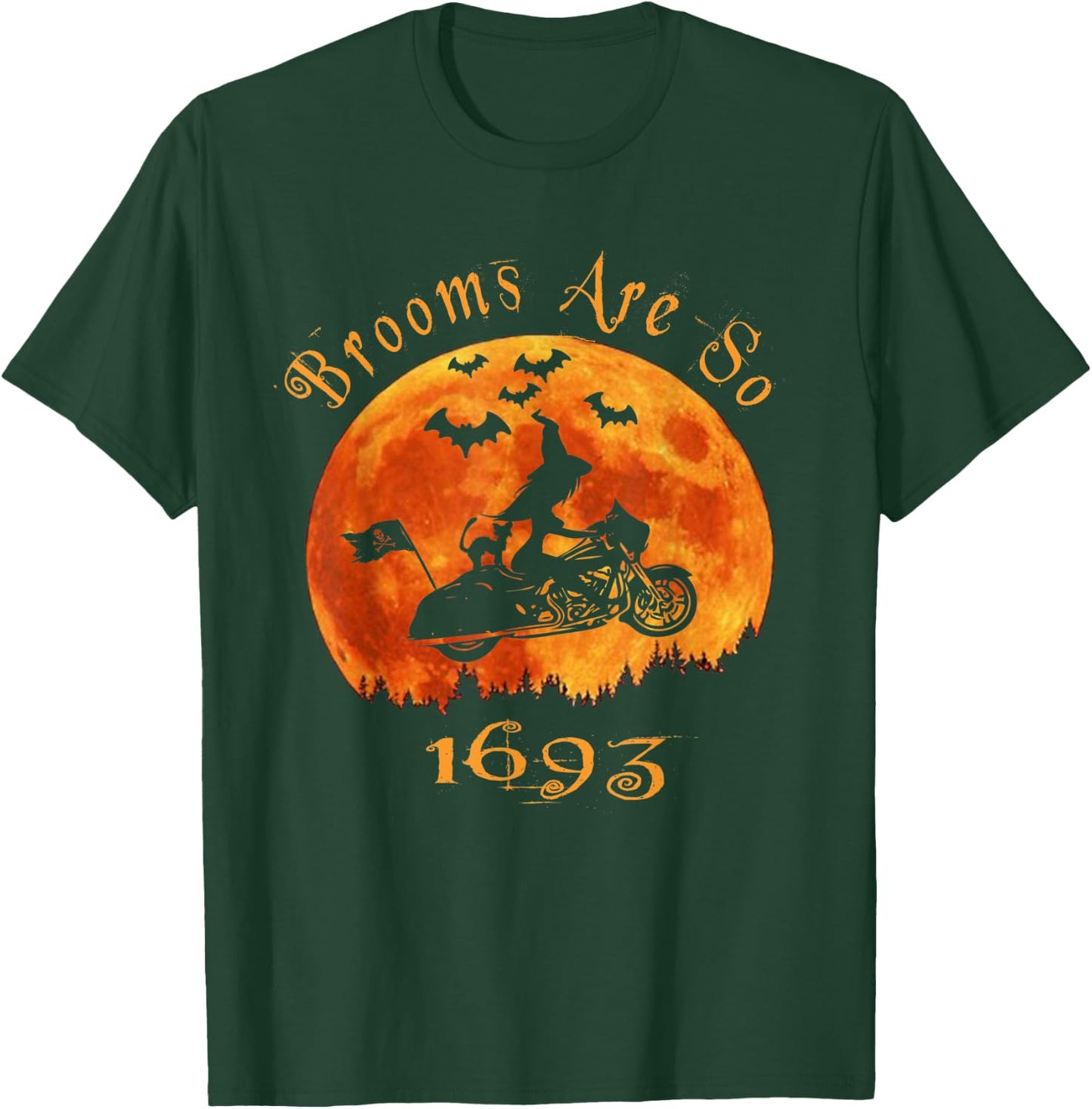 Halloween Witch On Motorcycle Cat & Moon Salem Witch Trials T-Shirt - T-Shirt | Forest