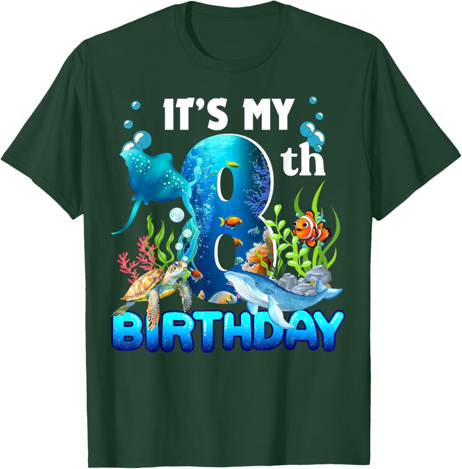It's My 8th Birthday Party Ocean 8 Years Old Sea Fish B-Day T-Shirt - T-Shirt | Forest