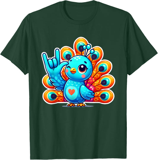 Cute Peacock Bird Love You Hand Sign Language ASL T-Shirt - T-Shirt | Forest