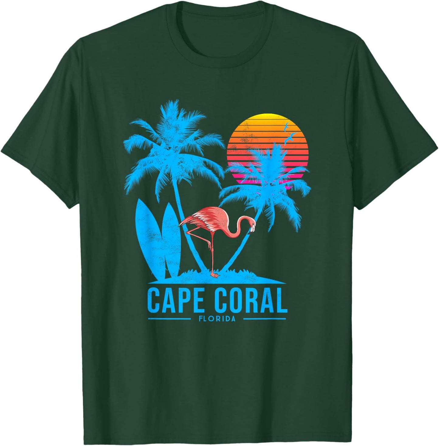 Cape Coral Florida. Flamingo and palm trees tropical sunset T-Shirt - T-Shirt | Forest