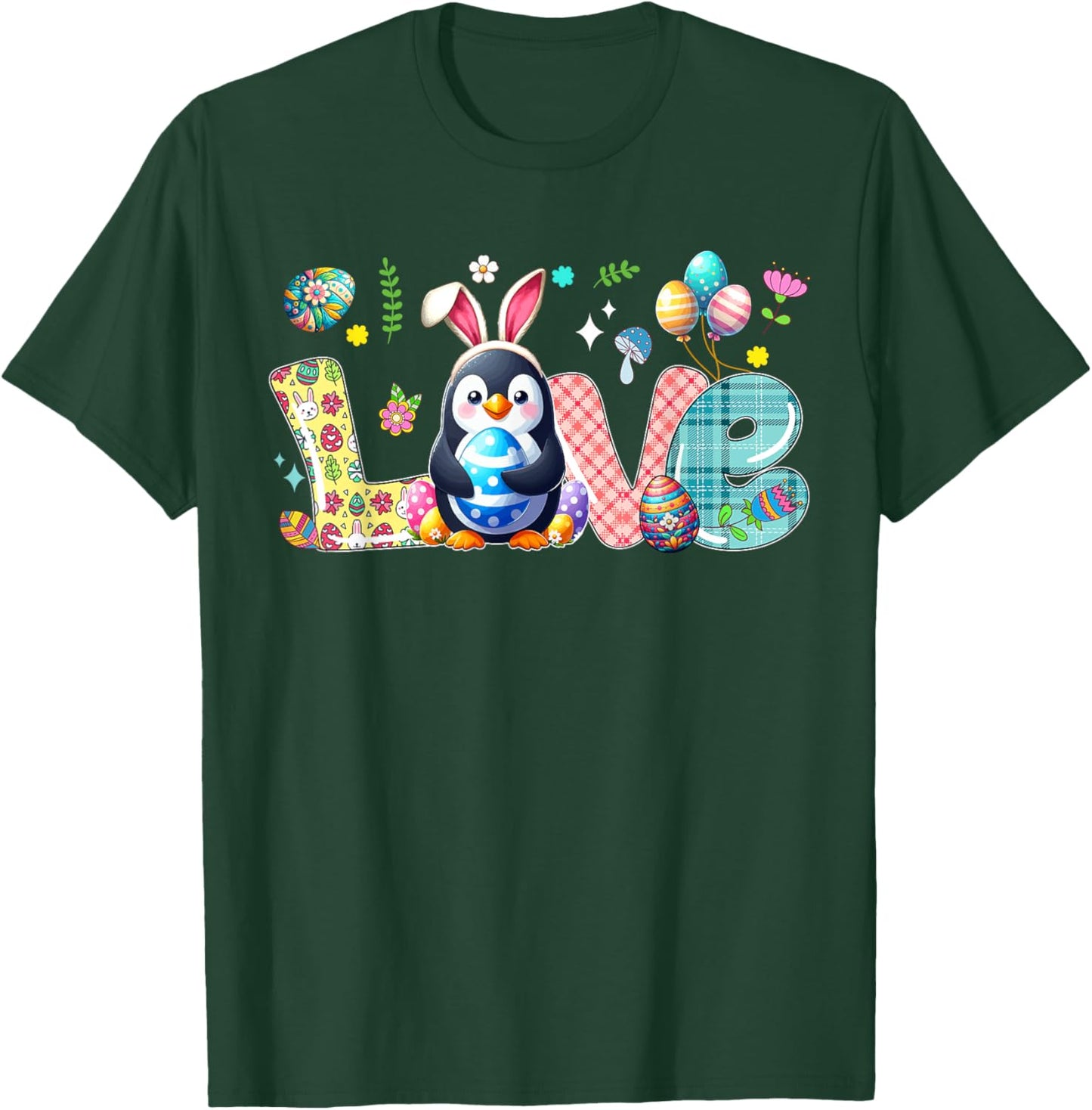 Love Easter Bunny Penguin Hunting Eggs Flowers Colourful T-Shirt - T-Shirt | Forest