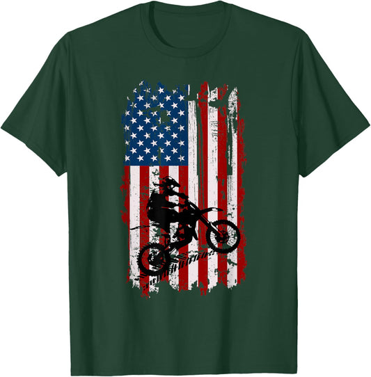 Dirt Bike USA Flag Motocross American Flag T-Shirt - T-Shirt | Forest