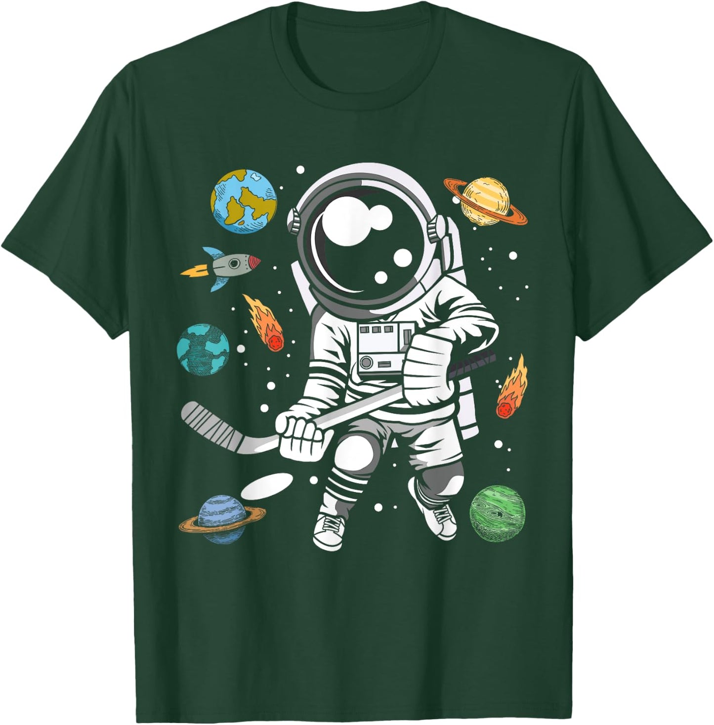 Funny Hockey Player Cosmonaut Outer Space Astronaut T-Shirt - T-Shirt | Forest