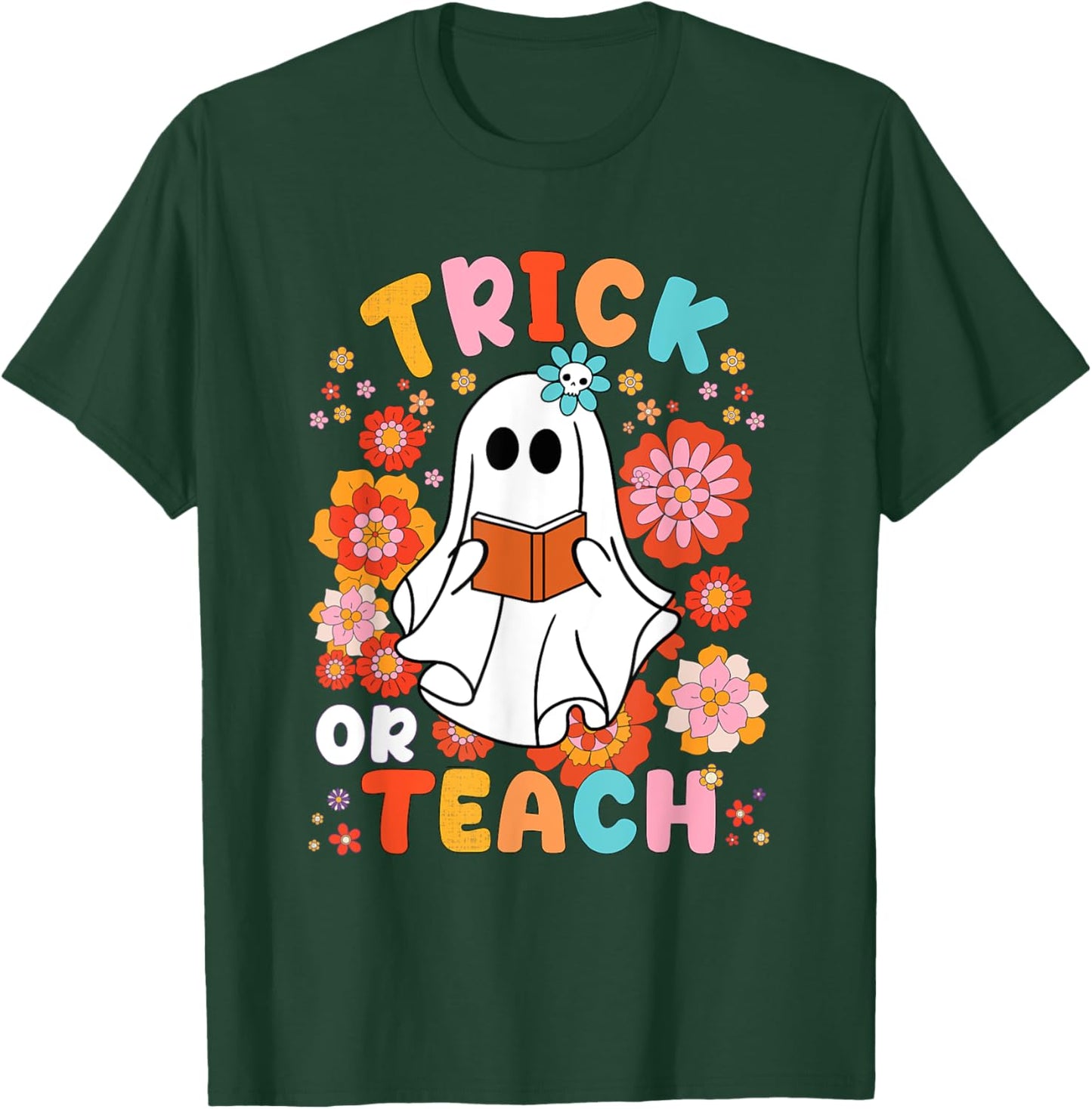 Groovy Halloween Trick or Teach Retro Floral Ghost Teacher Women Kids T-Shirt - T-Shirt | Forest