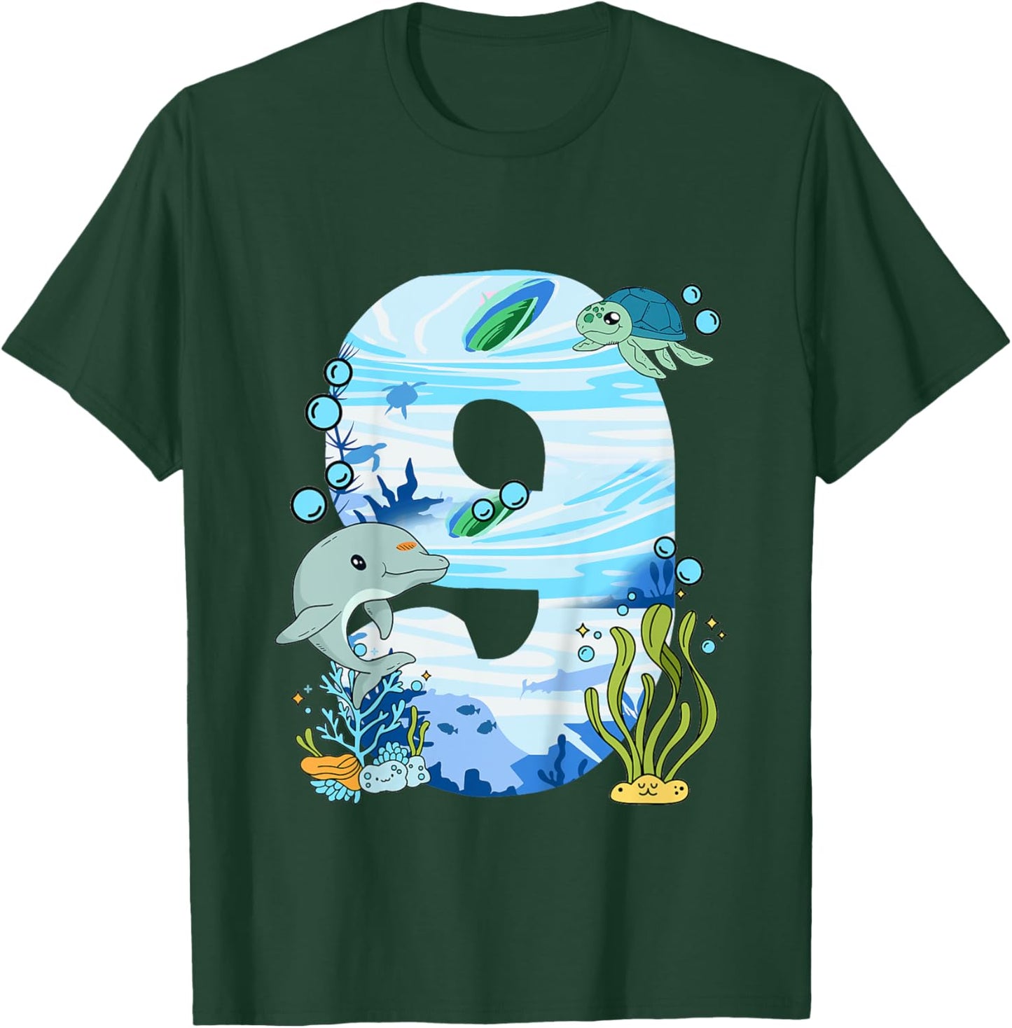 Underwater 9 Years Old - Dolphin And Turtle 9th Birthday T-Shirt - T-Shirt | Forest
