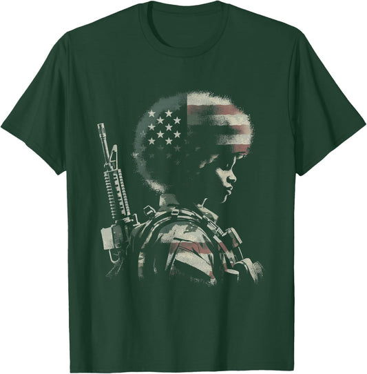 Female Soldier American Flag - Patriotic USA Afro Veteran T-Shirt - T-Shirt | Forest