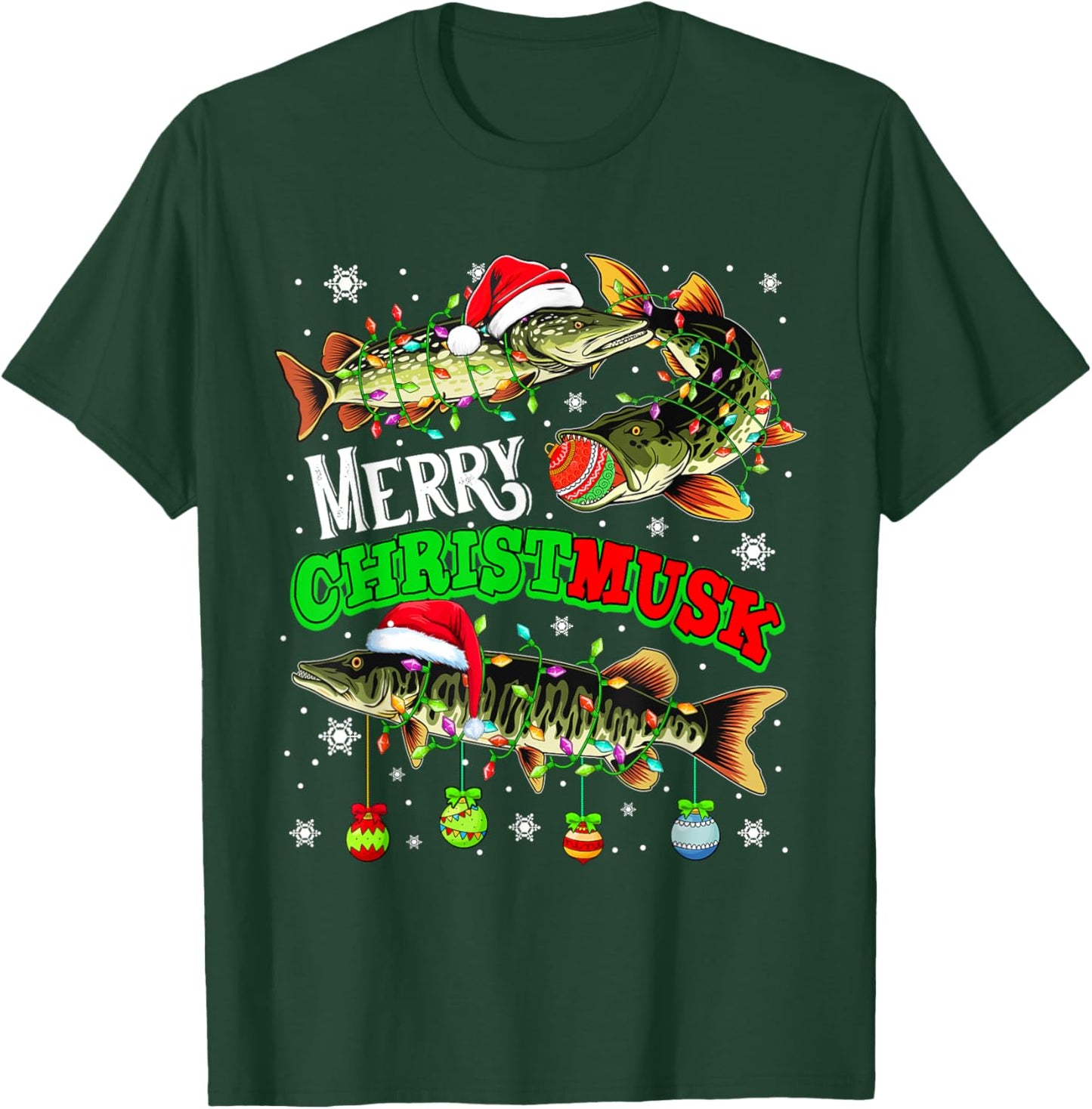 Merry Christmas Musky Three Santa Muskies Fisher Fishing T-Shirt - T-Shirt | Forest