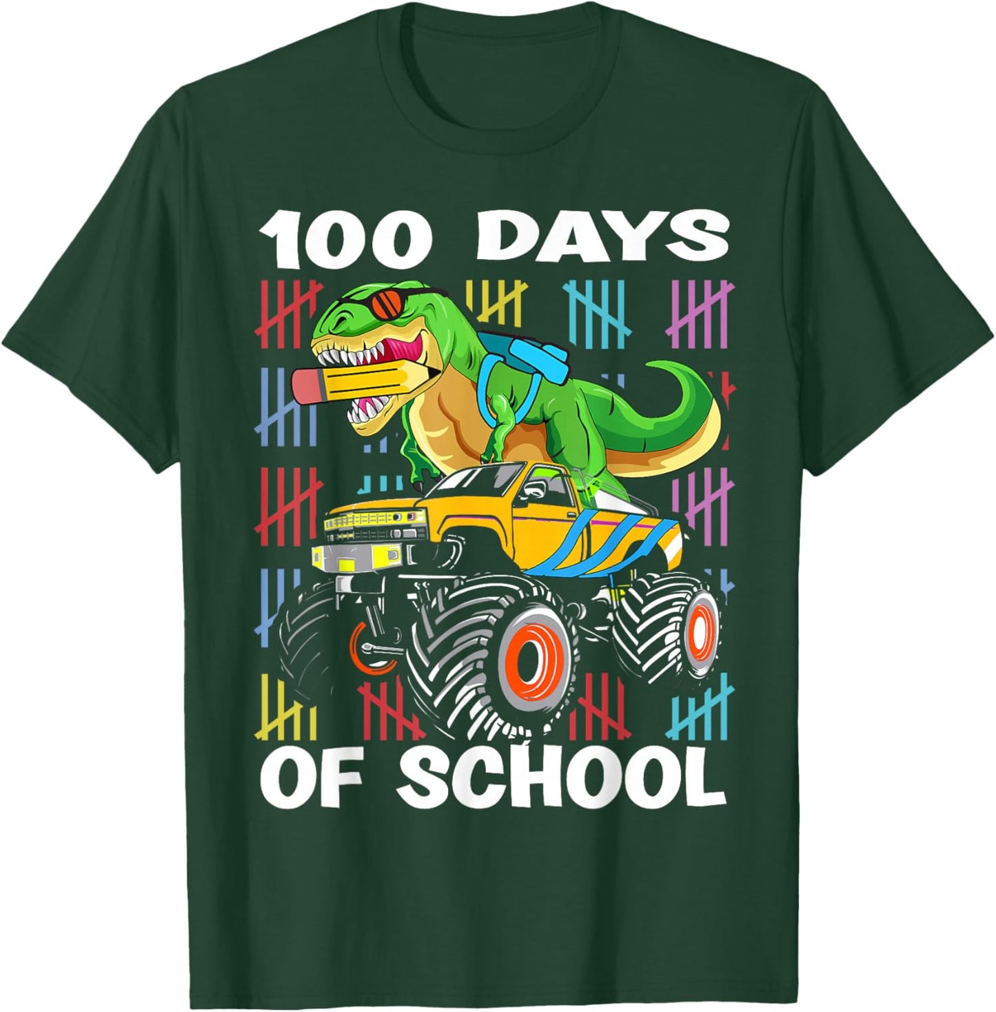 100th Day of School 100 Days School Truck Dinosaur Boys Kids T-Shirt - T-Shirt | Forest