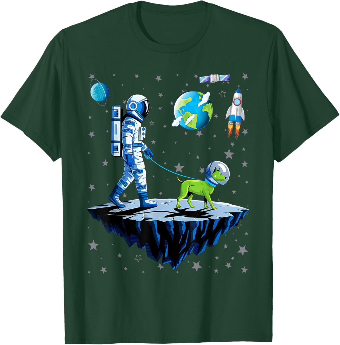 Space Astronaut Walking Alien Dog Planet T-Shirt - T-Shirt | Forest