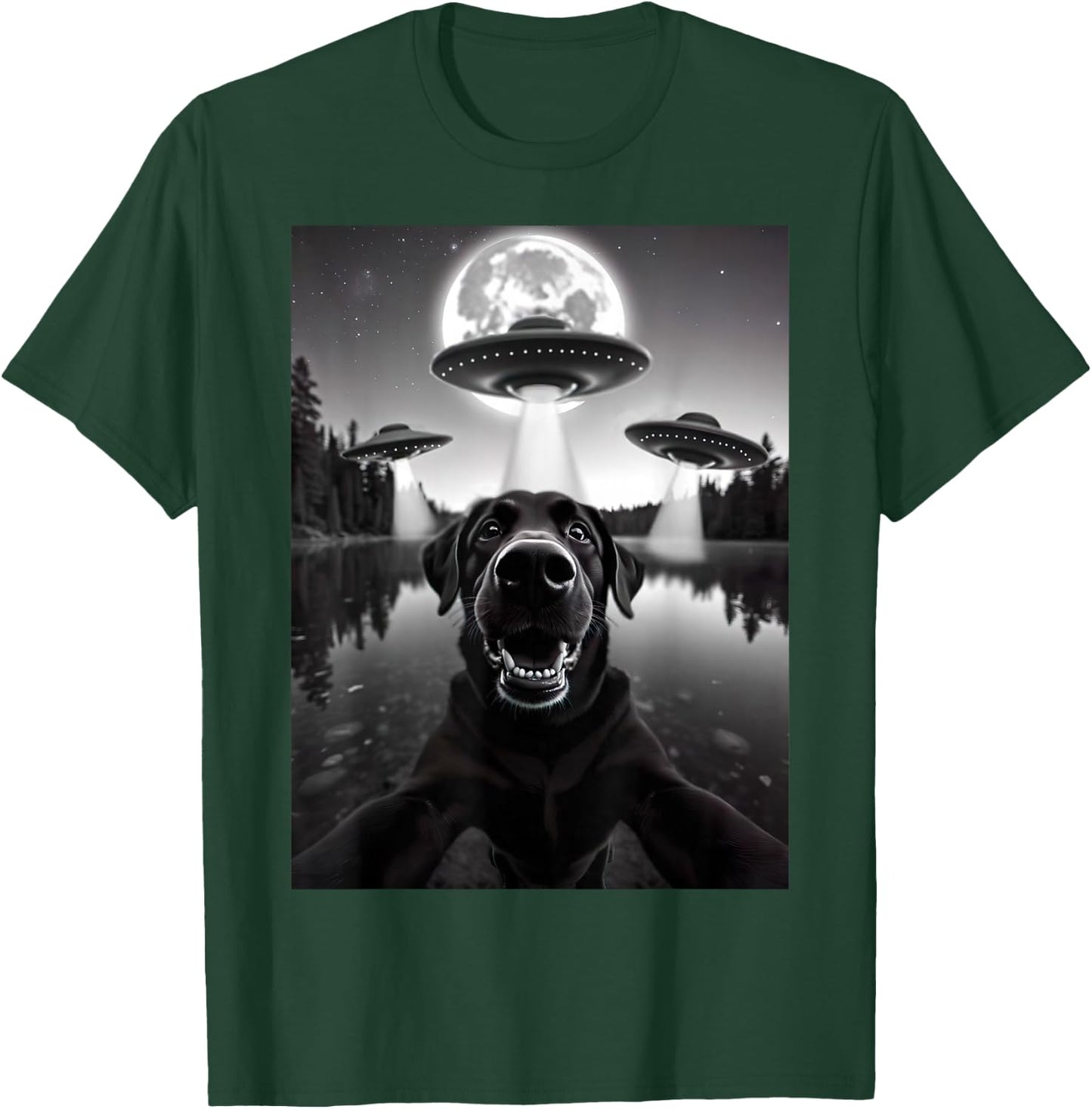 Funny Black Lab Labrador Dog Selfie with UFOs Weird Aliens T-Shirt - T-Shirt | Forest