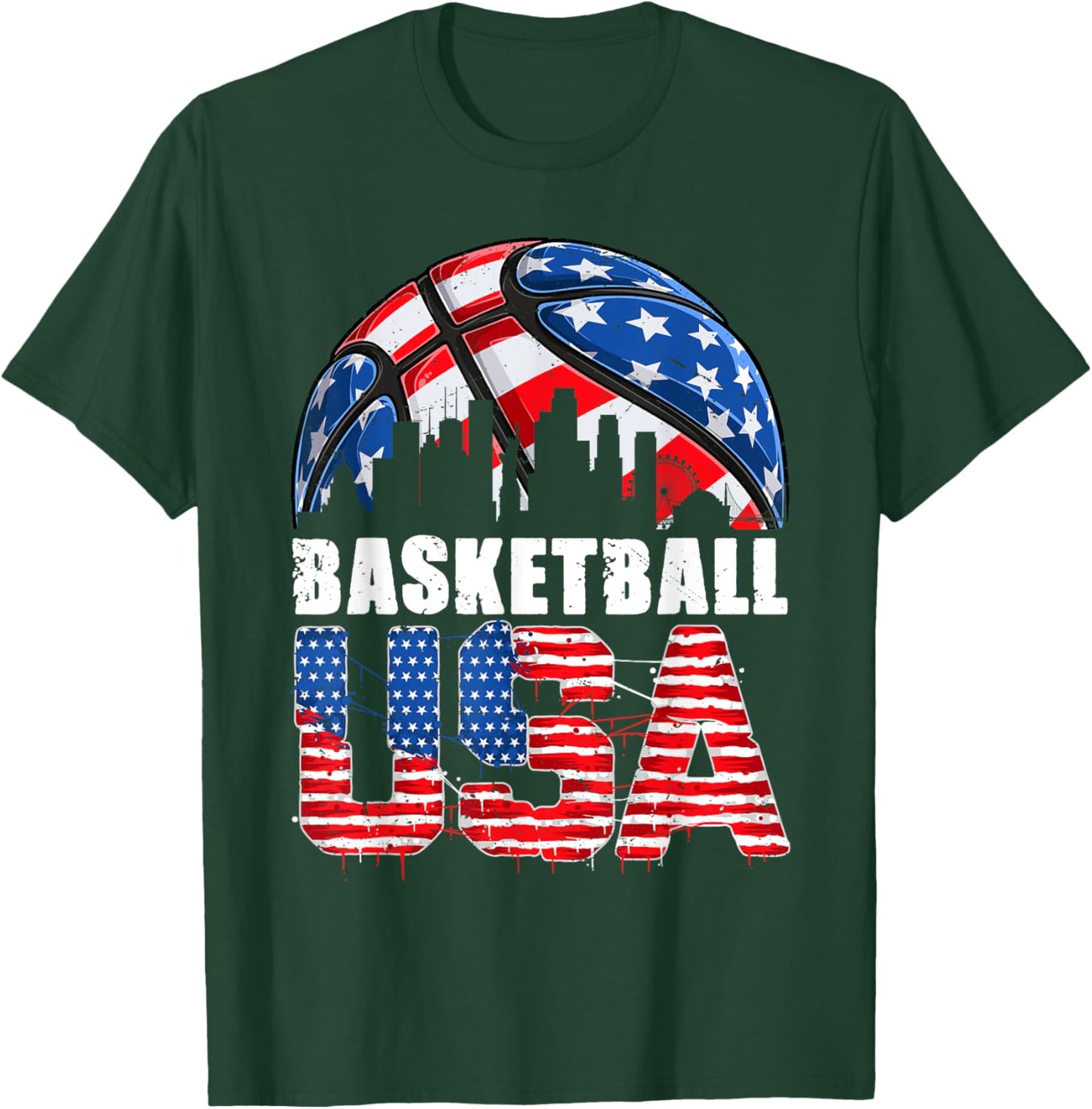 Funny Basketball Lovers Fans USA American Flag 4th Of July Women Kids Men T-Shirt - T-Shirt | Forest