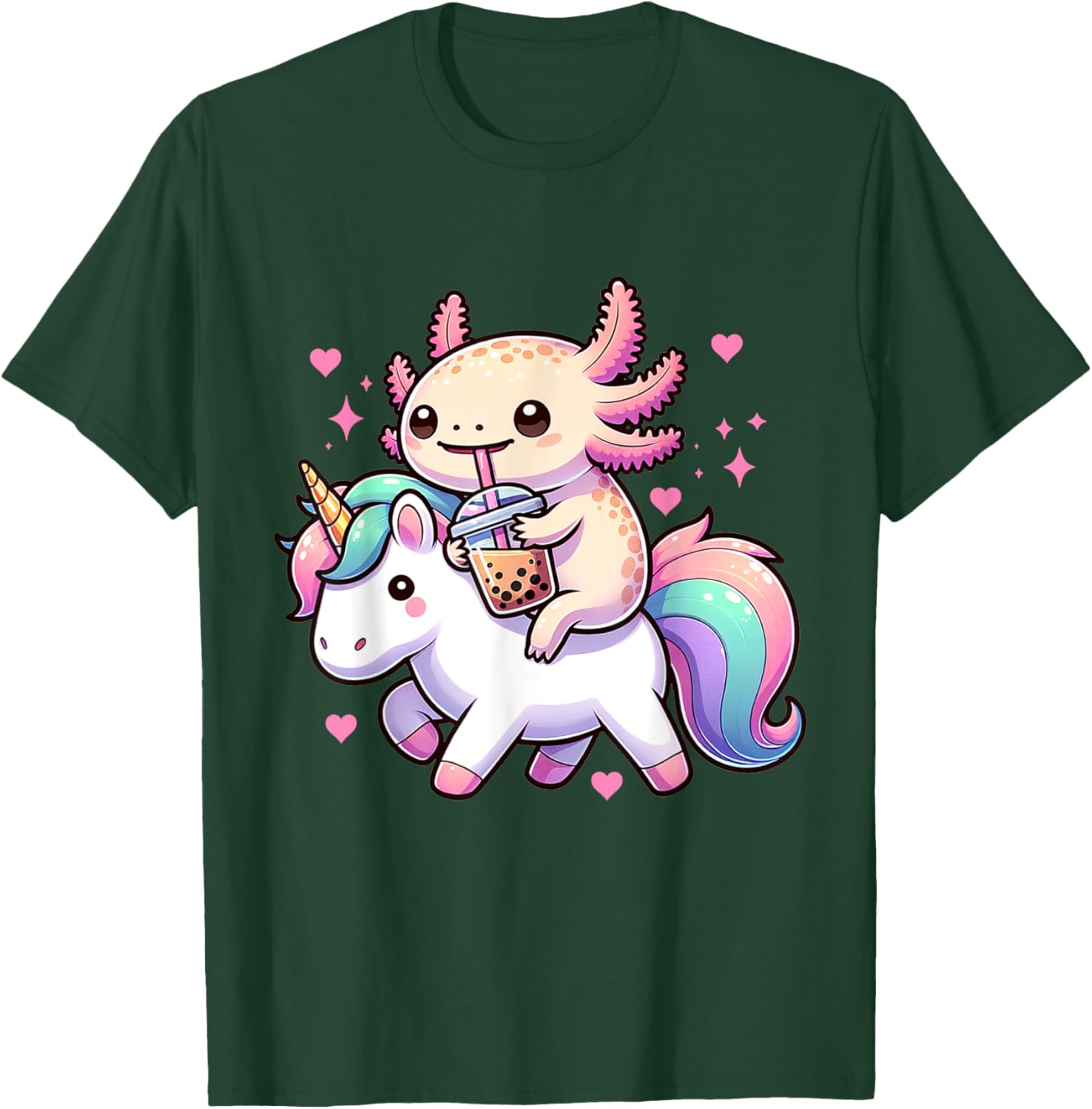 Cute Anime Kawaii Axolotl Riding A Unicorn And Drinking Boba T-Shirt - T-Shirt | Forest