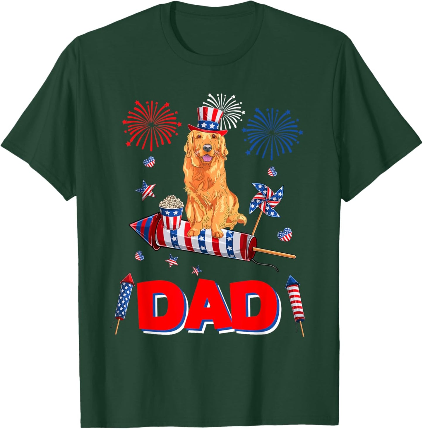 Dad Cute Golden Retriever 4th July American Flag Fireworks T-Shirt - T-Shirt | Forest