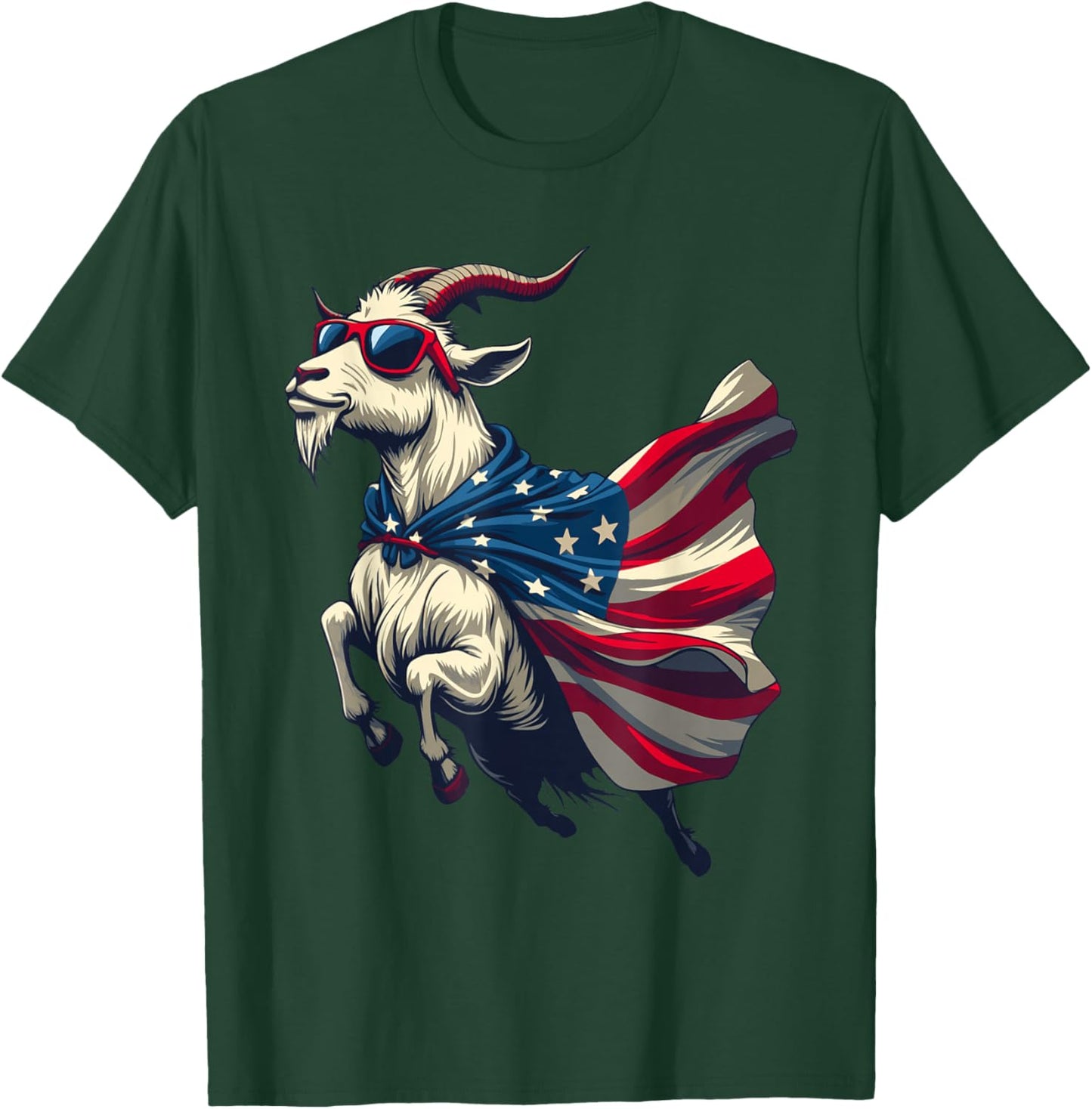 Cool Patriotic Goat in American Flag Cape with Sunglasses T-Shirt - T-Shirt | Forest