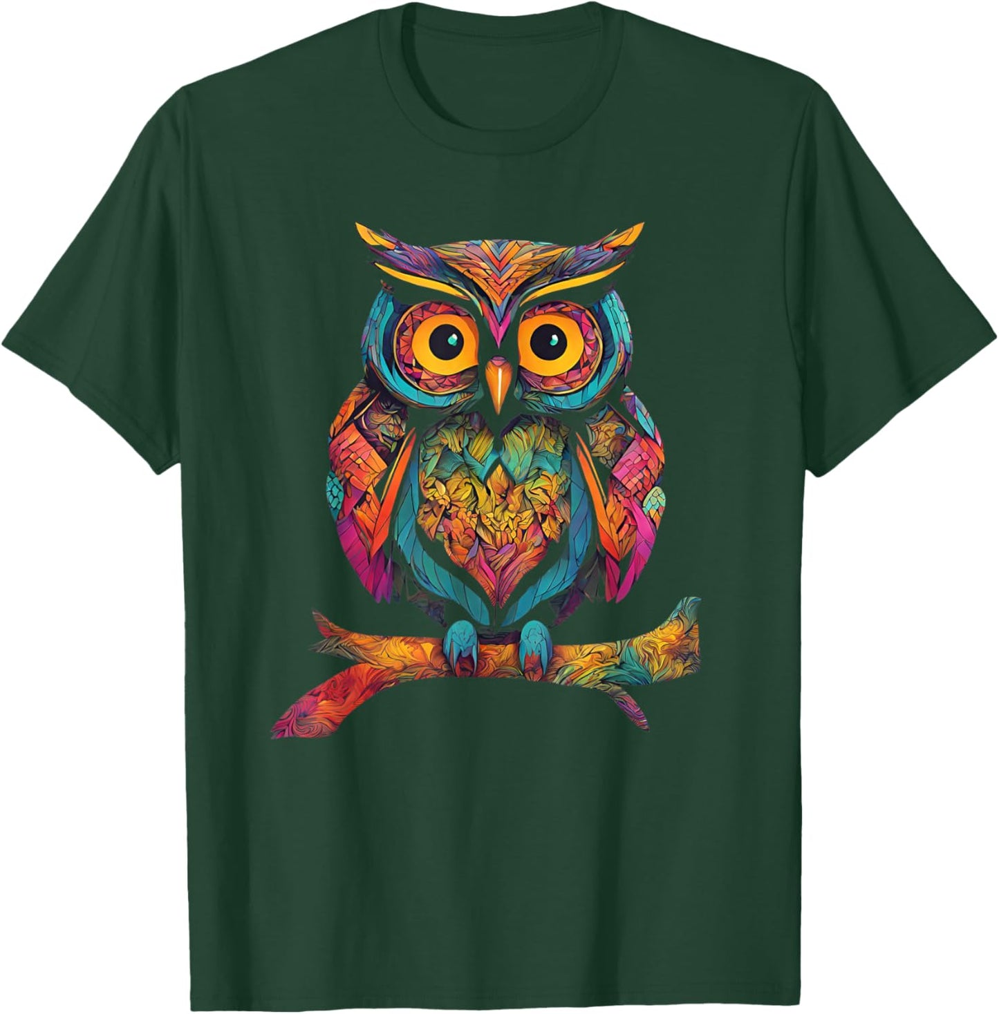 Owl Perched On A Tree Branch Colorful Pattern Owl Lover T-Shirt - T-Shirt | Forest