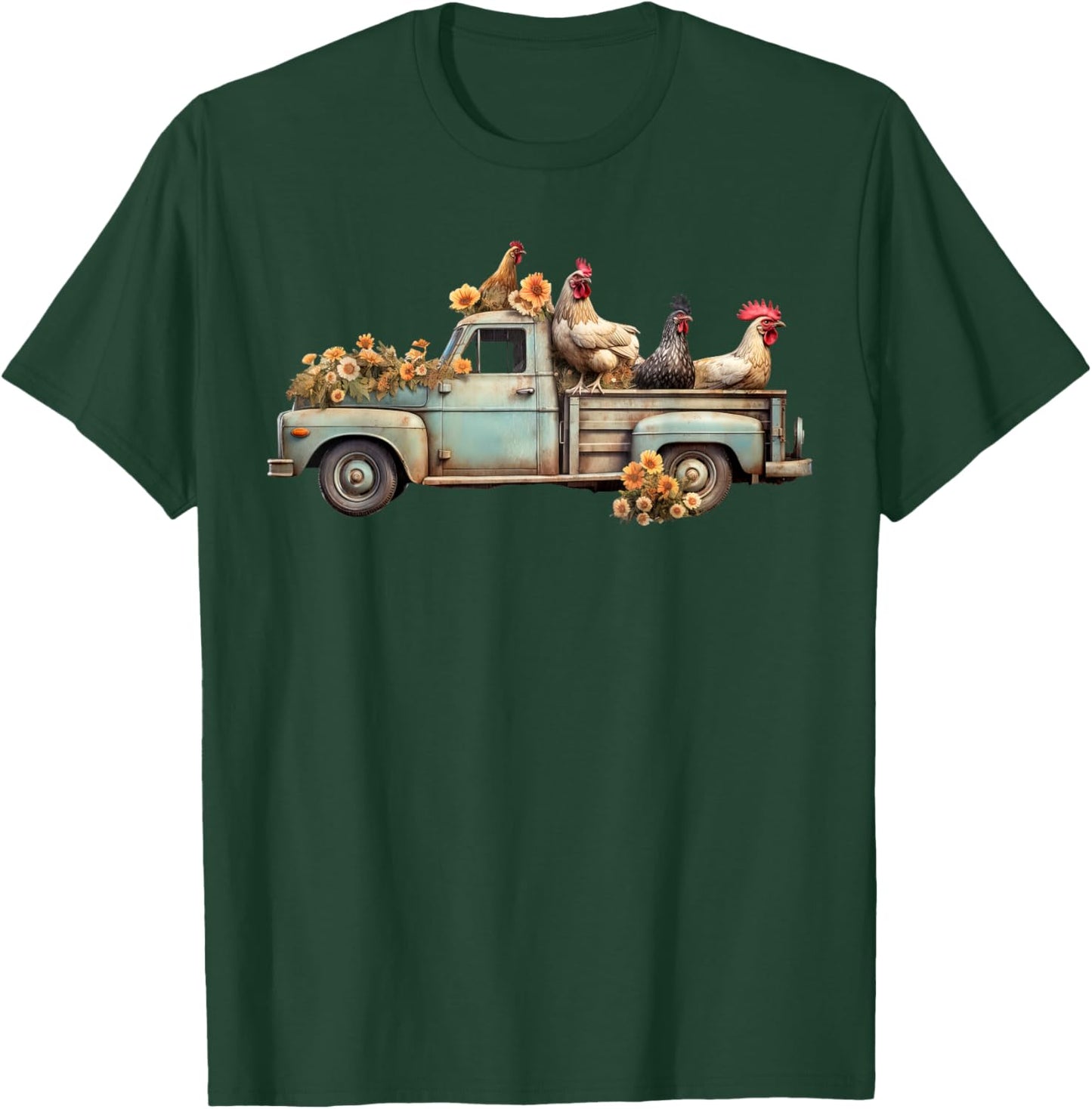 Vintage Chicken Truck Floral Farm Animals Farmer Farming T-Shirt - T-Shirt | Forest
