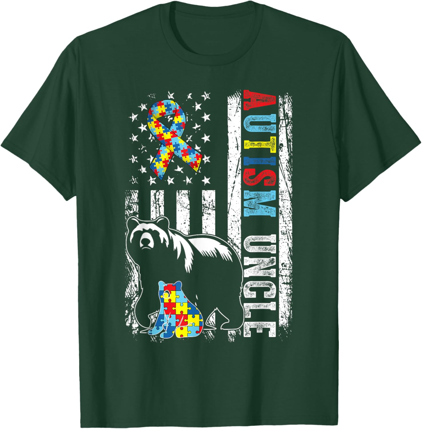 Autism Uncle Bear With Puzzles & USA Flag Distressed T-Shirt - T-Shirt | Forest