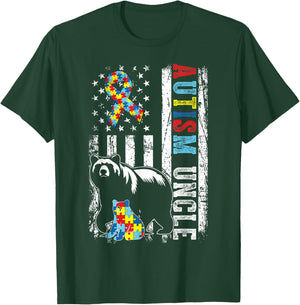 Autism Uncle Bear With Puzzles & USA Flag Distressed T-Shirt - T-Shirt | Forest