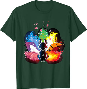 Japanese Fox Kitsune Seven Elements Cherry Flower Blossom T-Shirt - T-Shirt | Forest