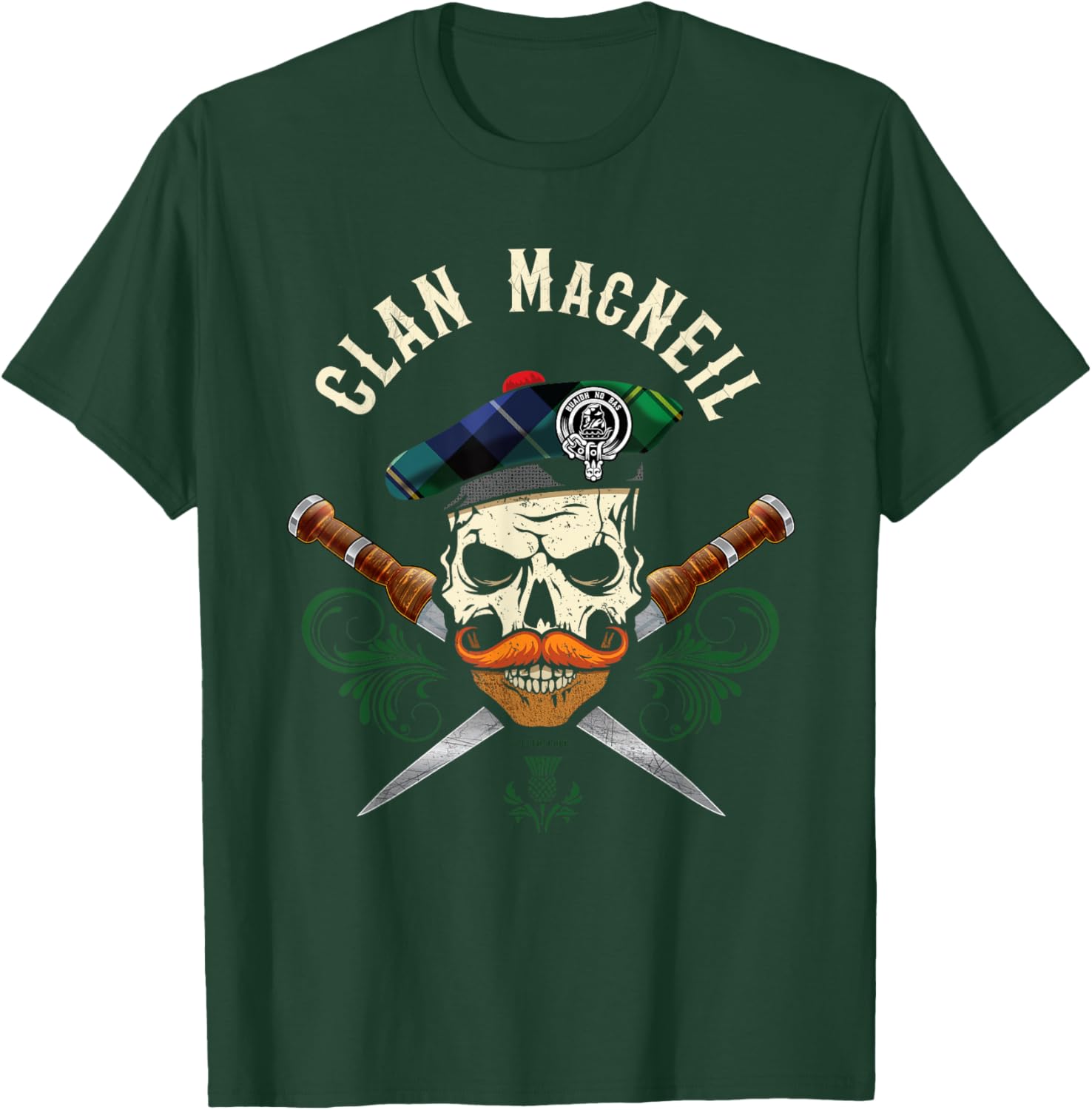 Scottish Clan MacNeil Surname Skull Dirks Tartan Badge T-Shirt - T-Shirt | Forest