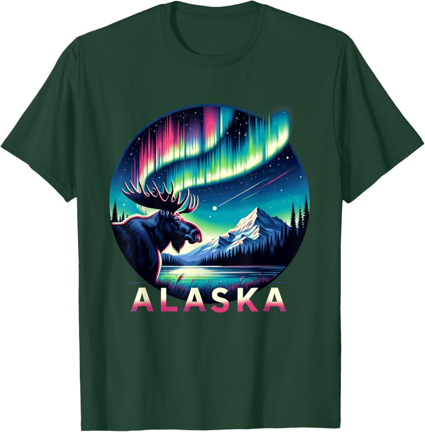Alaska Northern Lights Aurora Viewing Alaska Vacation Moose T-Shirt - T-Shirt | Forest