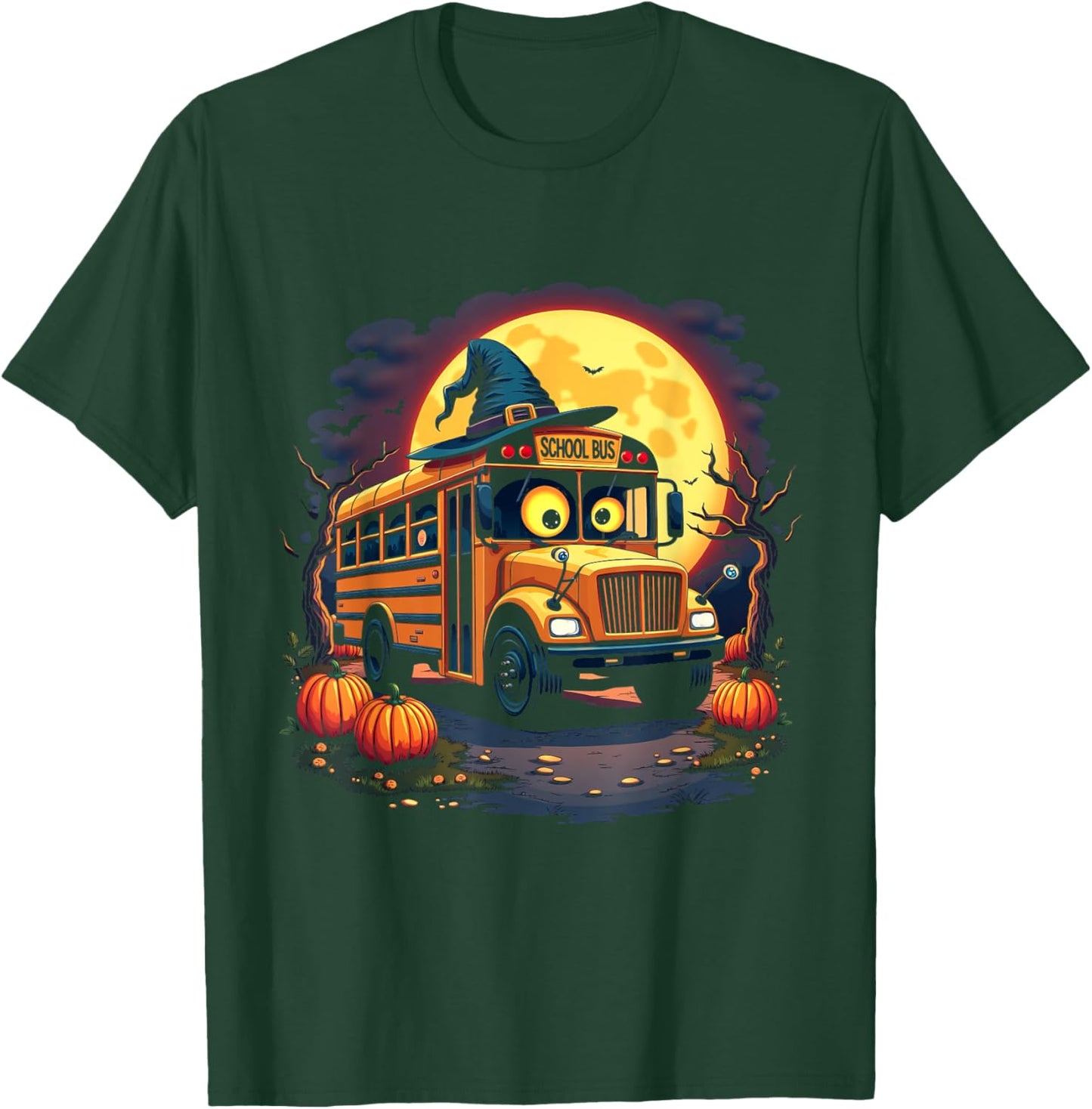 Halloween School Bus with Witch Hat and Pumpkins Spooky T-Shirt - T-Shirt | Forest