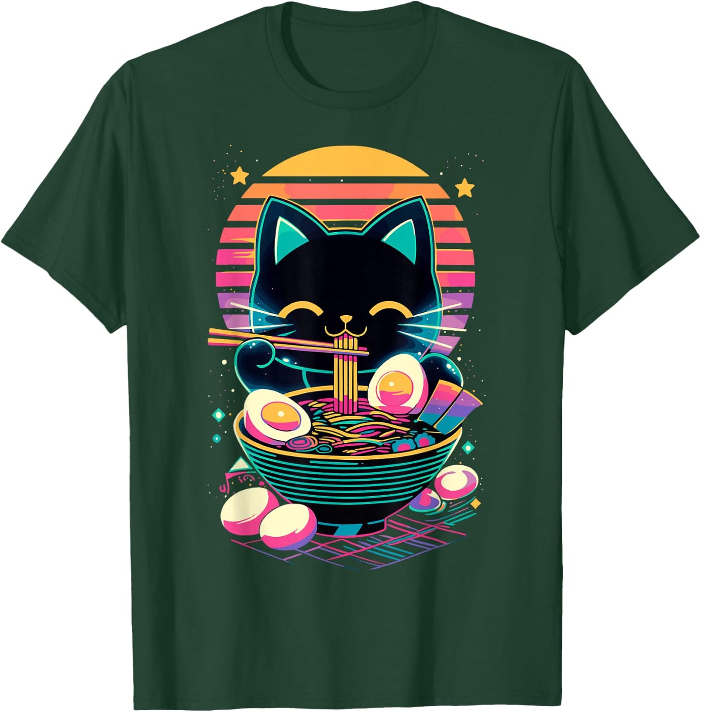 Anime Cat Eating Ramen Japanese Ramen Cat Japan T-Shirt - T-Shirt | Forest