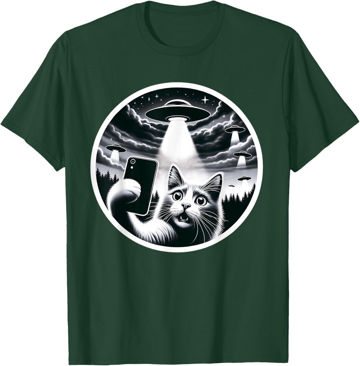 Whisker-ed Away: Cat's Hilarious UFO Abduction Selfie T-Shirt - T-Shirt | Forest