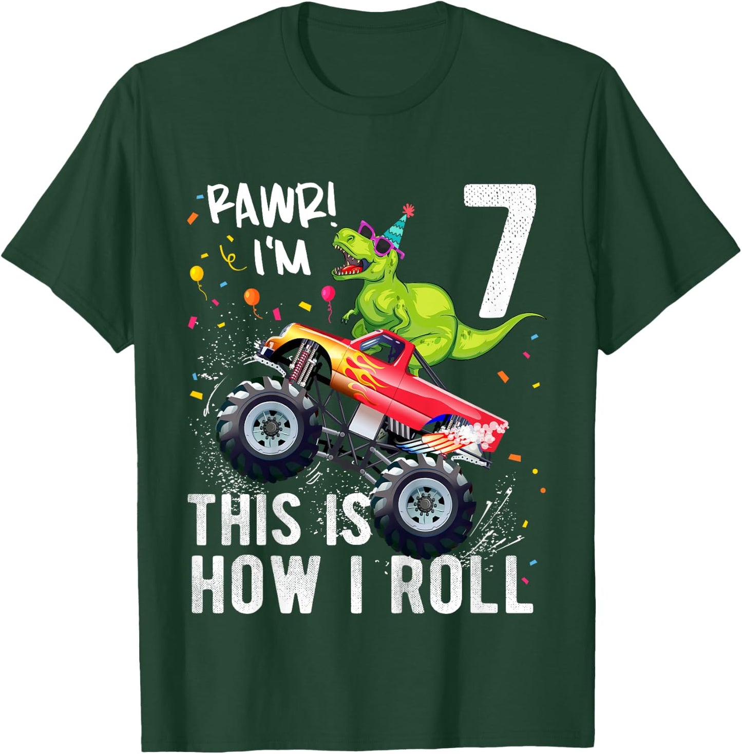 T Rex Dinosaur Monster Truck 7th Birthday Boys and Girls T-Shirt - T-Shirt | Forest