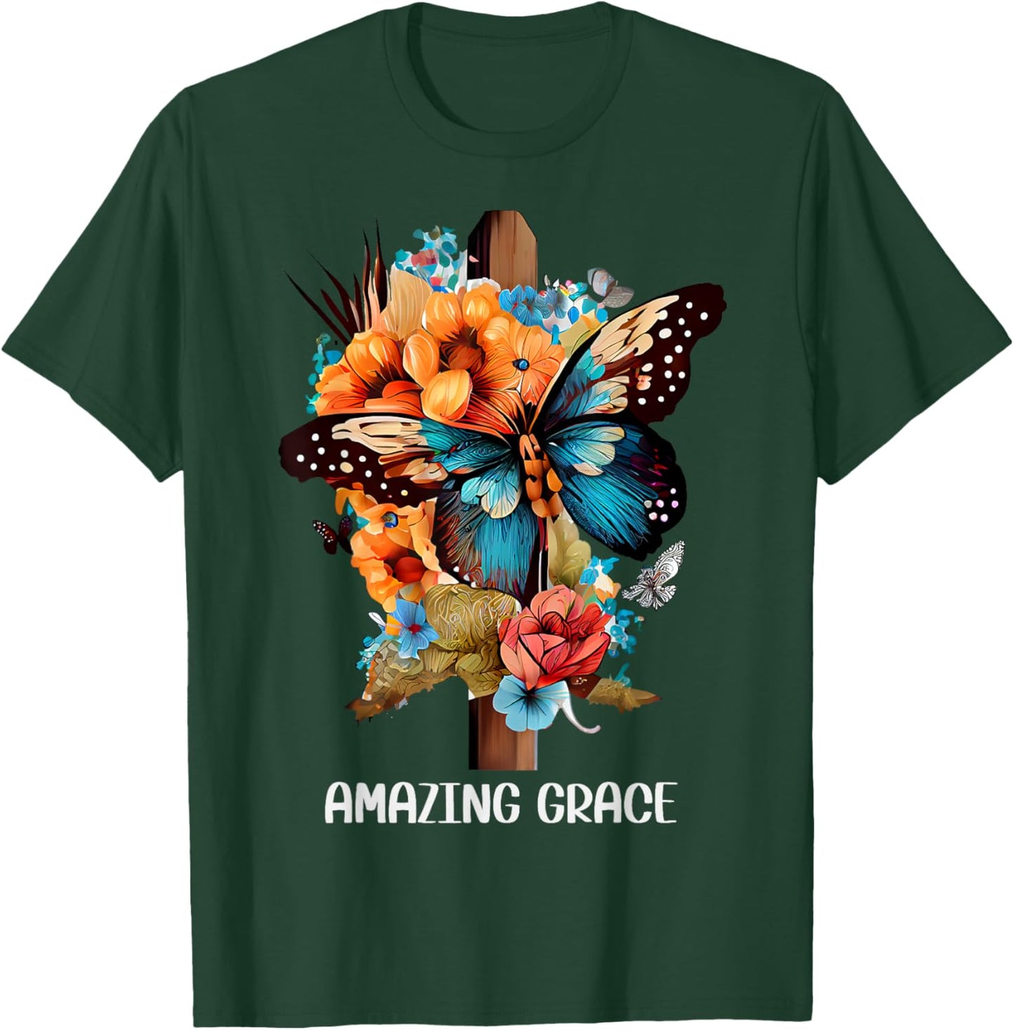 Amazing grace Christian Cross Butterfly Flowers Floral Faith T-Shirt - T-Shirt | Forest