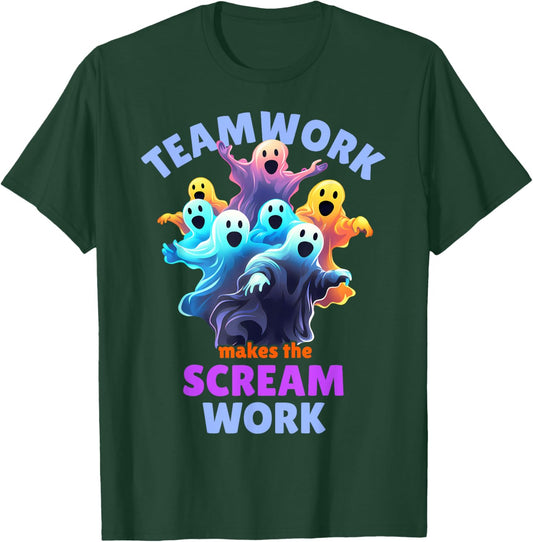 Cute Ghost Teamwork Makes The Scream Work Funny Halloween T-Shirt - T-Shirt | Forest