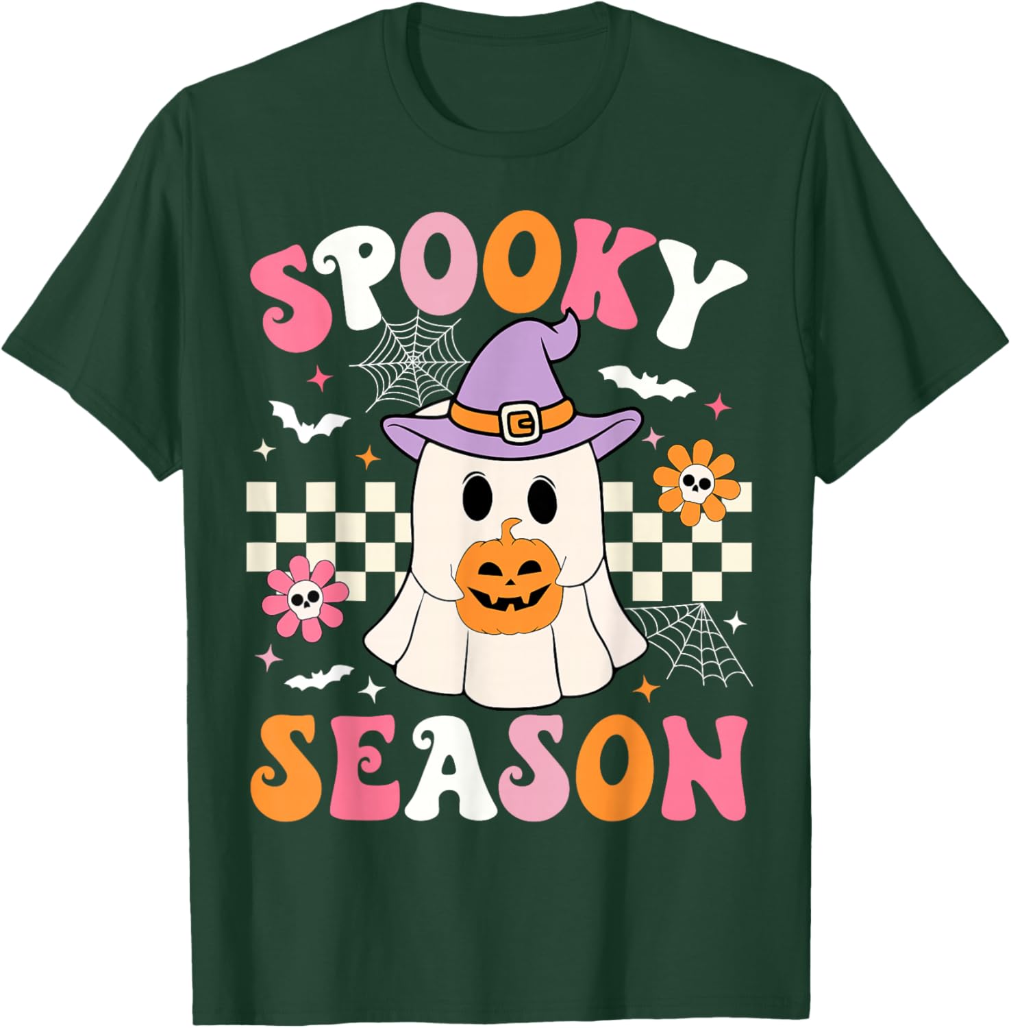 Spooky Season Ghost Holding Pumpkin Groovy Halloween Ghost T-Shirt - T-Shirt | Forest