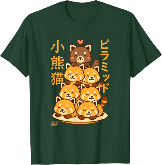 Kawaii Red Panda Pyramid Anime Japanese Letters Cute T-Shirt - T-Shirt | Forest