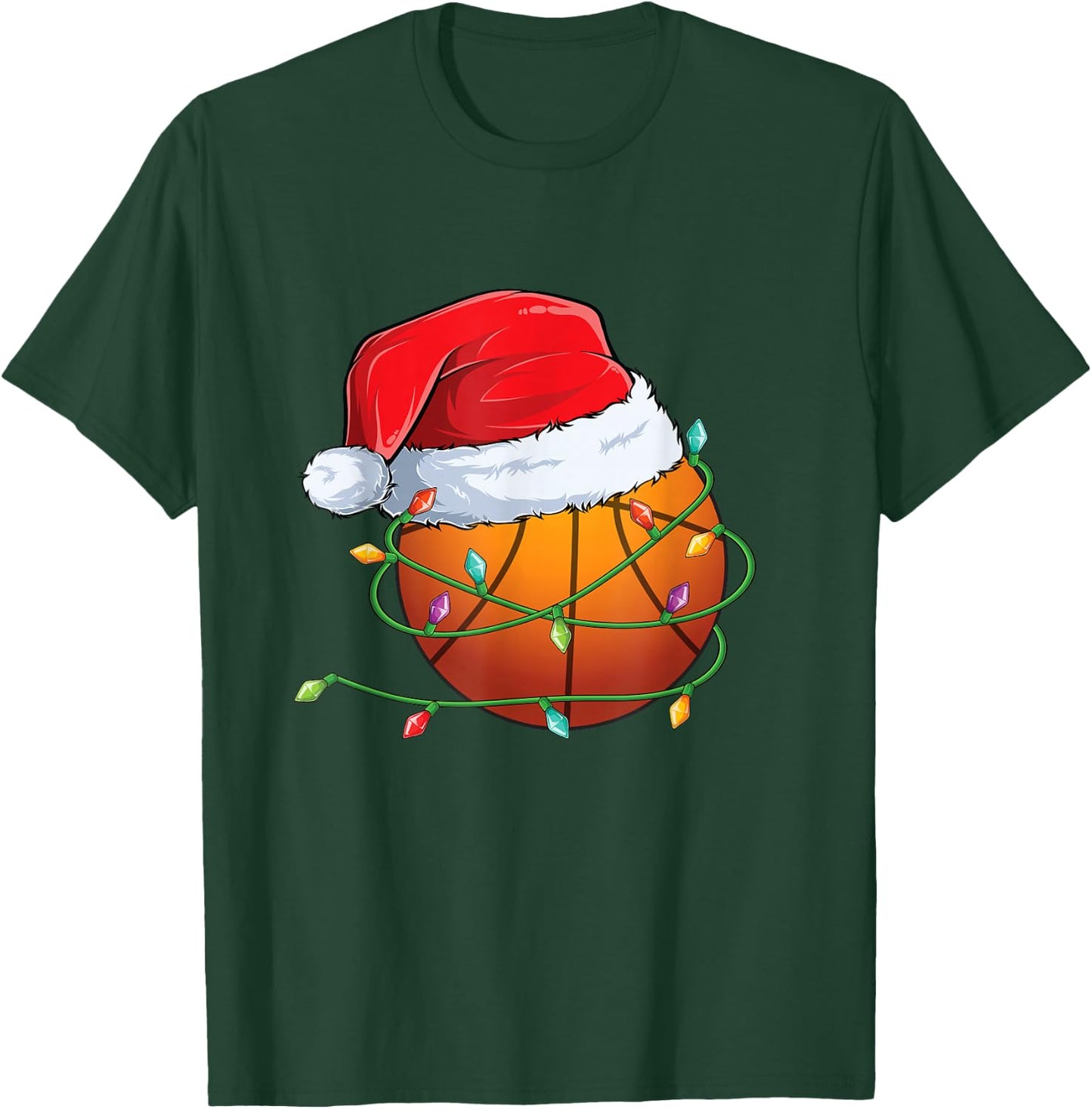 Christmas Basketball Santa Hat wrapped in Holiday Lights T-Shirt - T-Shirt | Forest