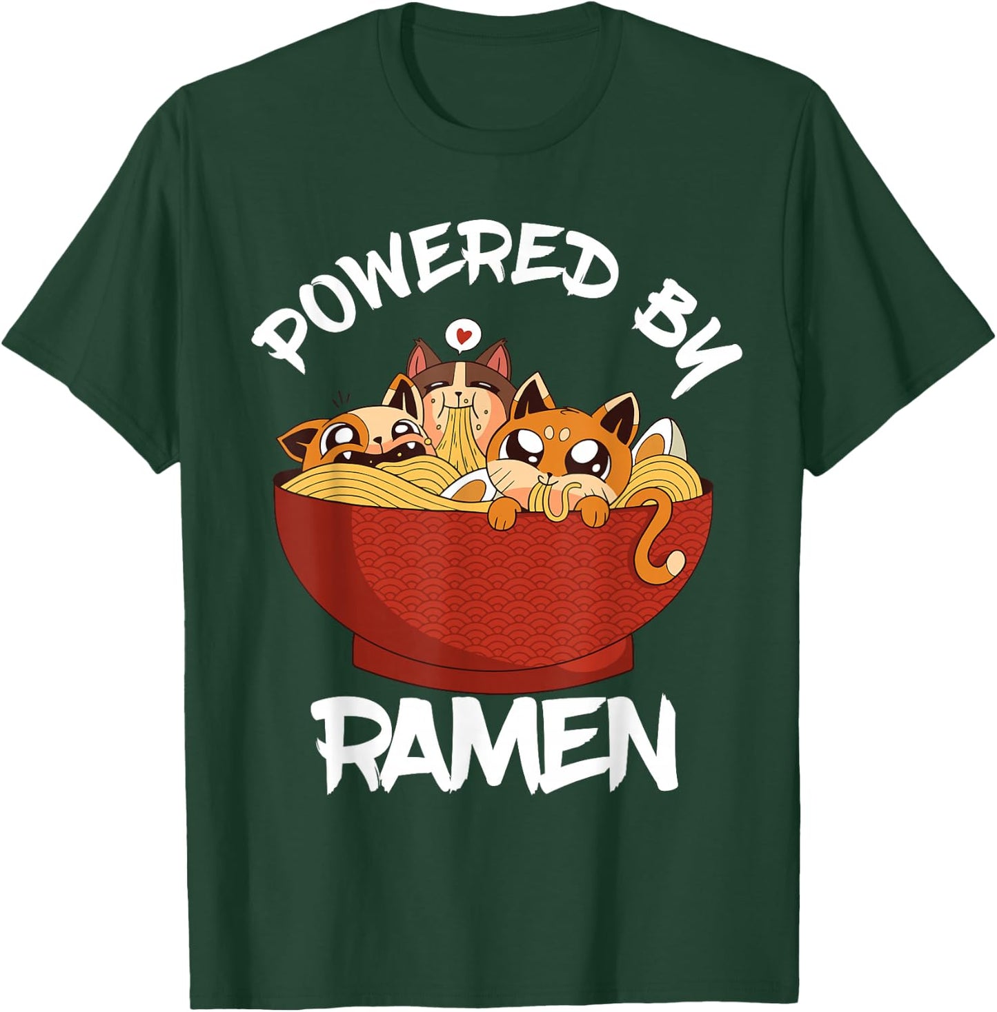 Powered By Ramen Bowl Cute Kitten Japanese Noodles T-Shirt - T-Shirt | Forest