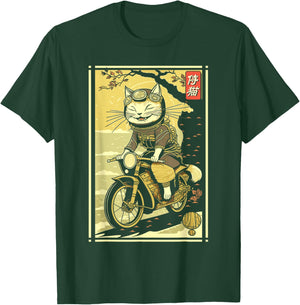 Japanese Samurai Cat on Motorcycle Kawaii Ninja Cat T-Shirt - T-Shirt | Forest