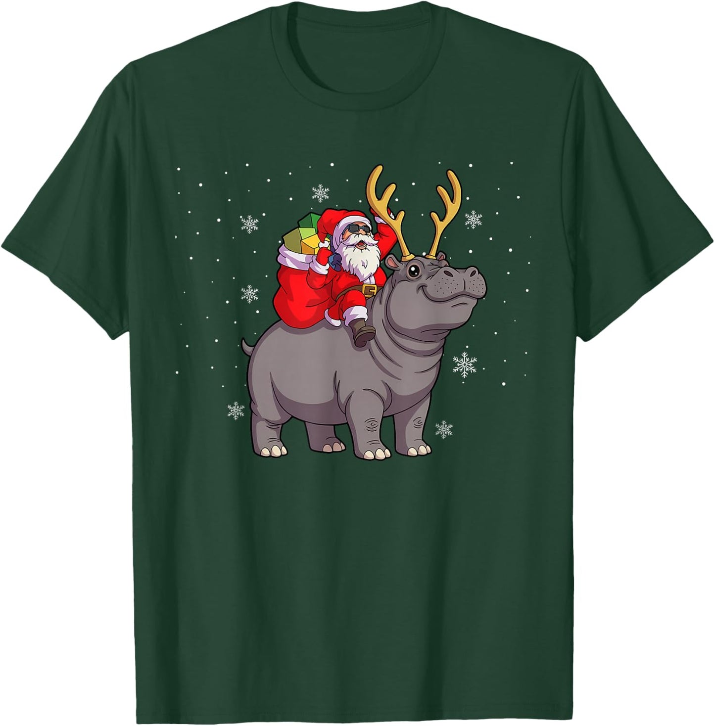 Santa Riding Hippo Deer Xmas Hippo Christmas T-Shirt - T-Shirt | Forest