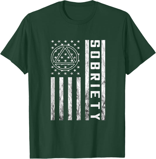 Sobriety Vintage American Flag Alcoholic Abstinence Sober T-Shirt - T-Shirt | Forest