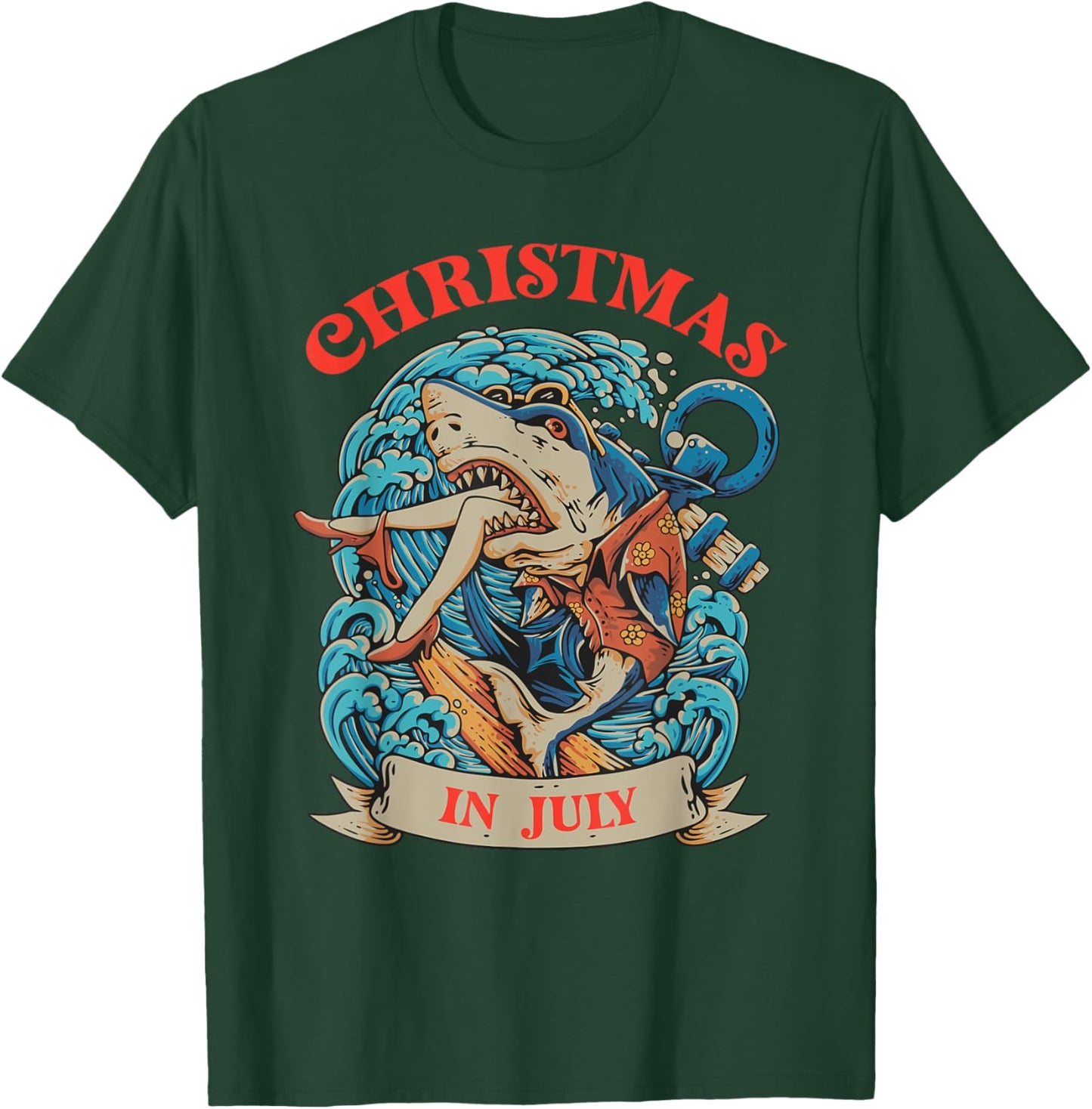 Christmas in July Summer Shark Vacation Xmas Surprise Men Women Kids T-Shirt - T-Shirt | Forest